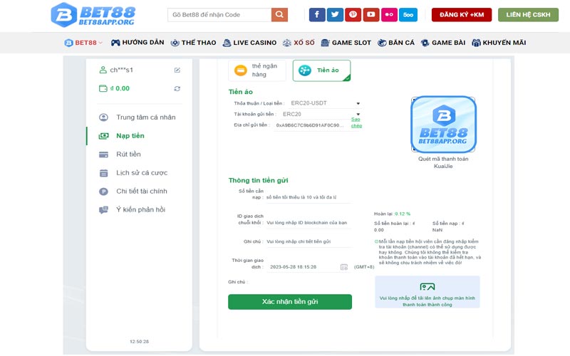 Nạp tiền Bet88 thông qua chuyển khoản đồng tiền số USDT